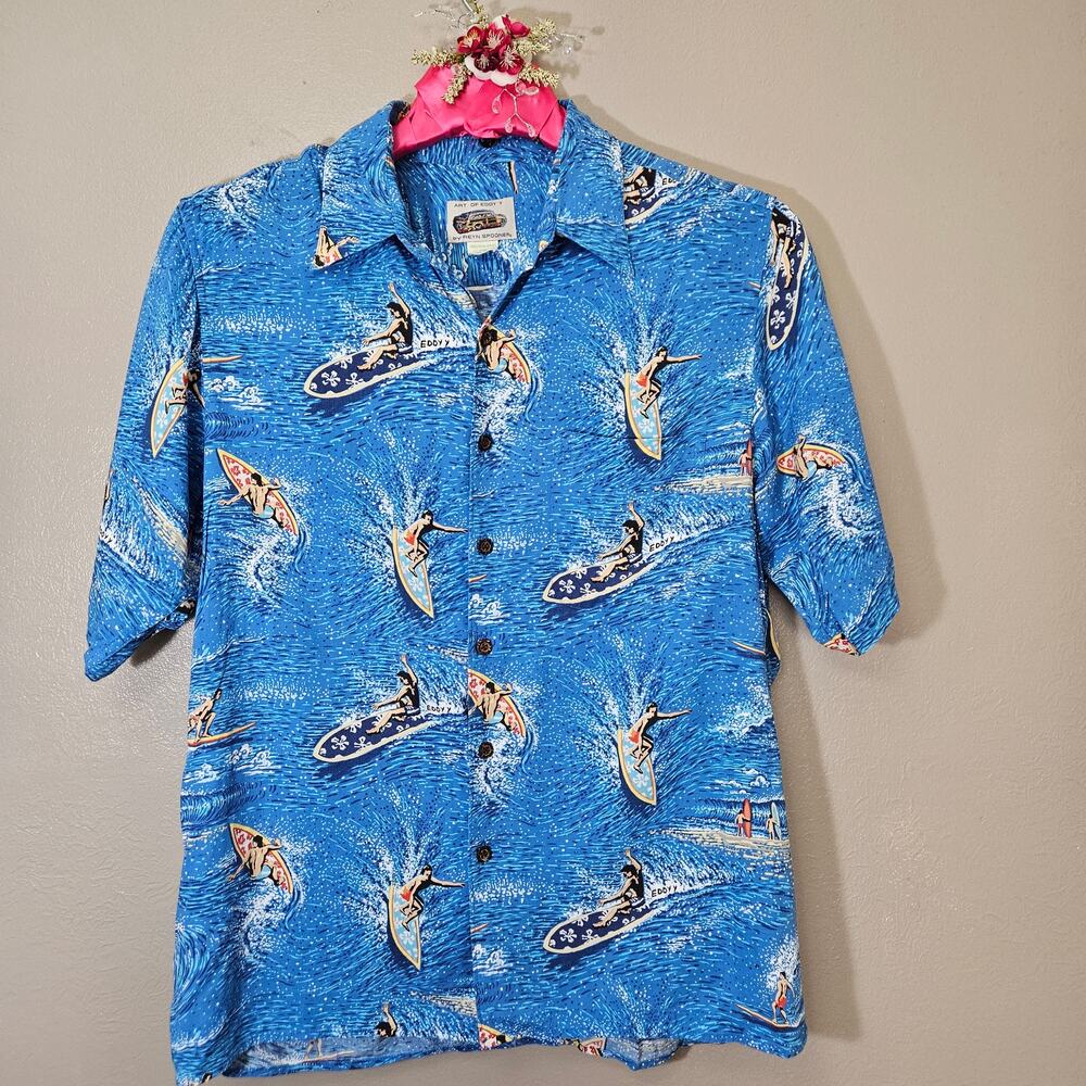 Art of Eddy Y by Reyn Spooner Surfer Print Aloha Shirt - Medium Vintage Y2K